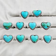 43.48gms wholesale lot of 10 natural blue kingman turquoise 925 silver heart ring size 7.5 - 8.5 w4525