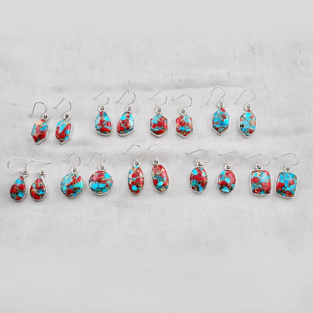 38.26gms wholesale lot of 9 coral matrix turquoise 925 sterling silver earrings w4545