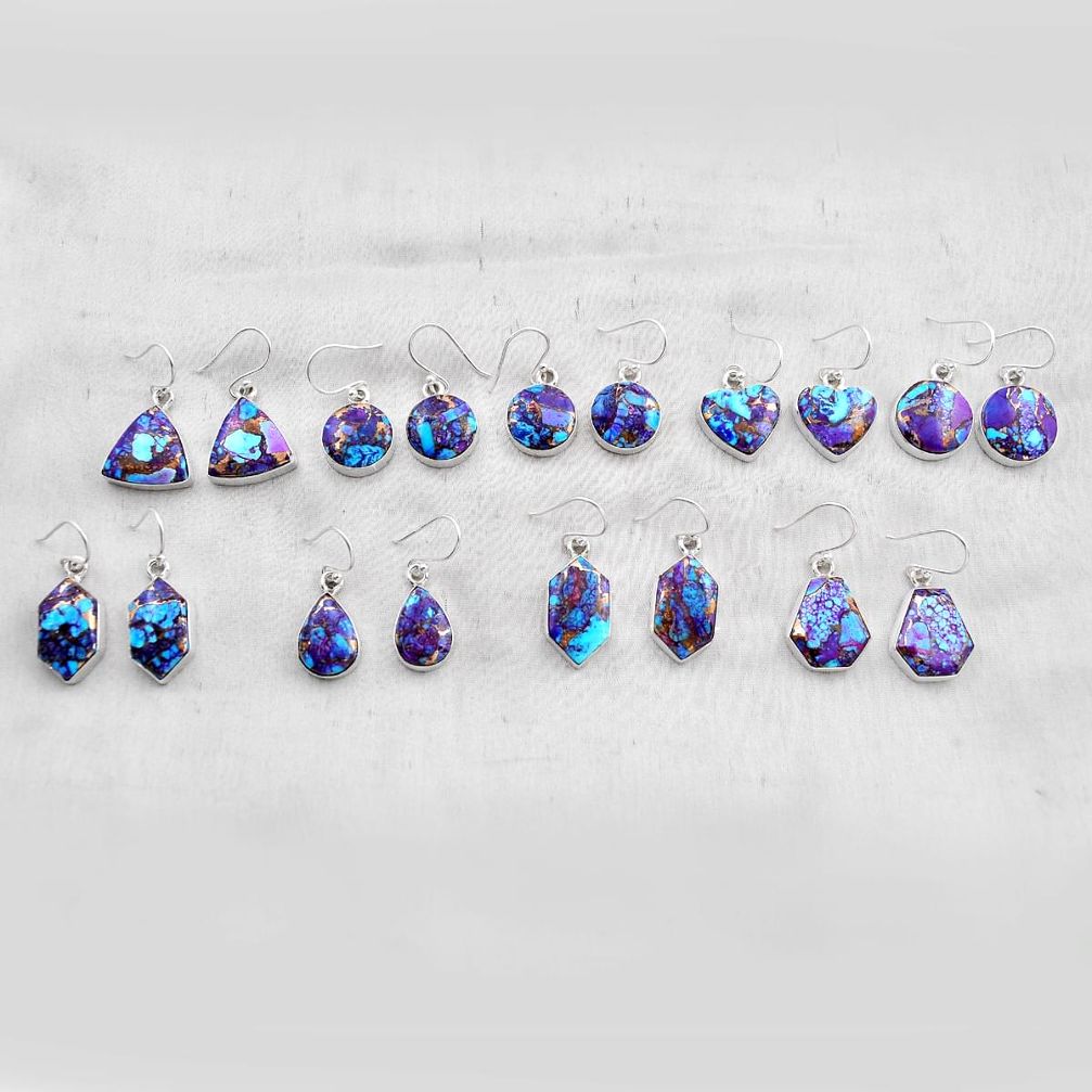 44.26gms wholesale lot of 9 purple copper turquoise 925 silver earrings w4546