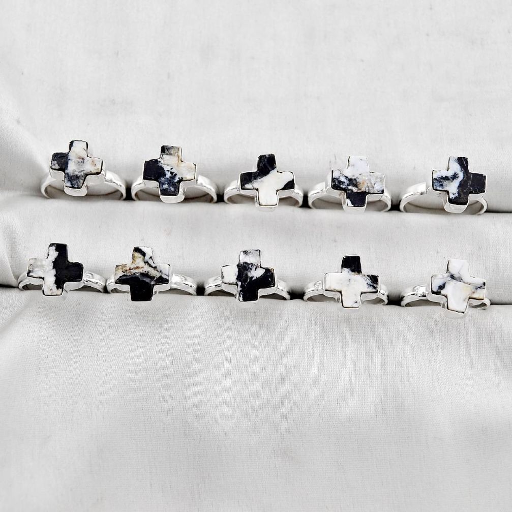 35.89gms wholesale lot of 10 natural white zebra jasper 925 silver ring size 7 - 9 w4550
