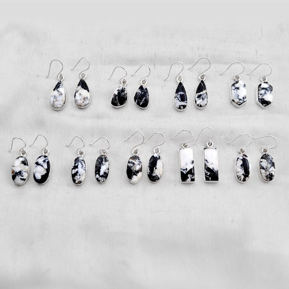 39.89gms wholesale lot of 9 natural white zebra jasper 925 silver earrings w4551