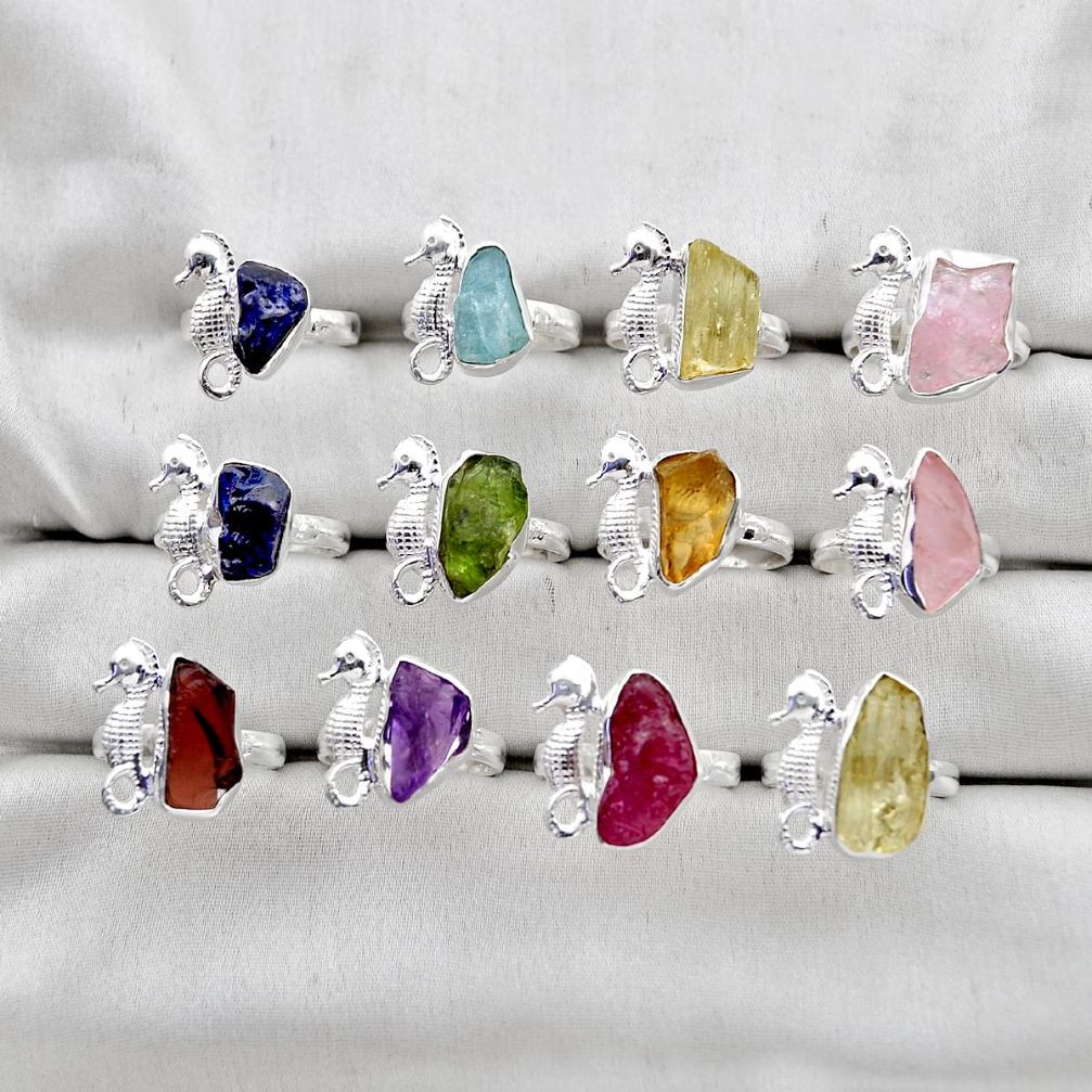 52.63gms wholesale lot of 12 natural multi color multi gemstone 925 silver seahorse ring size 7 - 9 w4598