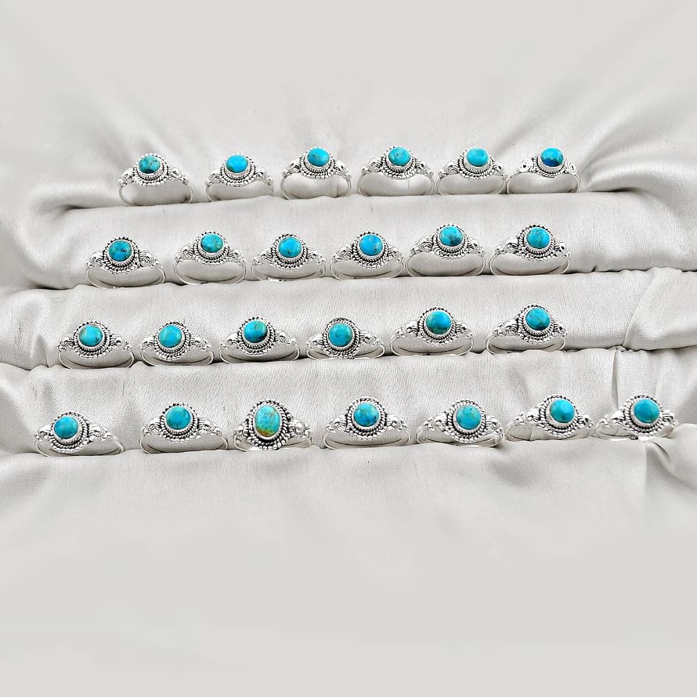 49.02gms wholesale lot of 25 natural blue kingman turquoise 925 silver ring size 6 - 10.5 w4630