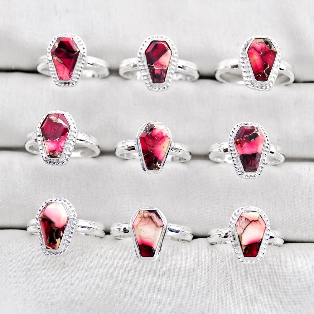 43.26gms wholesale lot of 9 rose dahlia 925 sterling silver coffin ring jewelry size 7 - 10 w4688