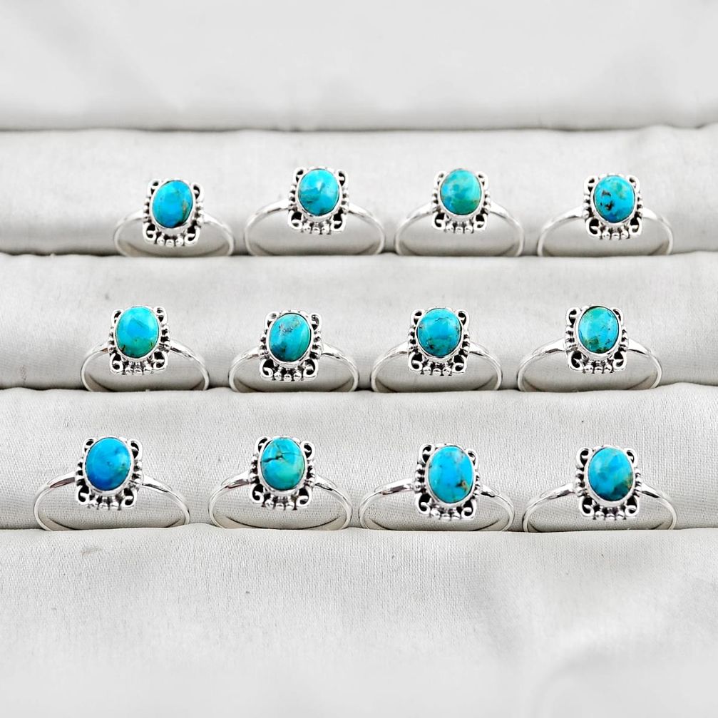 22.86gms wholesale lot of 12 natural blue kingman turquoise 925 silver ring size 6 - 10 w4735