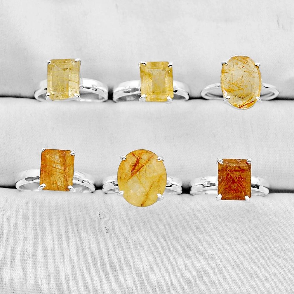 19.03gms wholesale lot of 6 natural golden tourmaline rutile 925 silver ring size 6.5 - 8 w4908