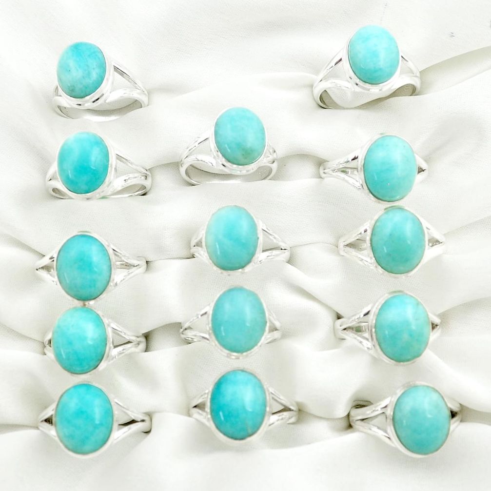 Wholesale lot of 14 natural green amazonite 925 silver ring (size 6-9) W504