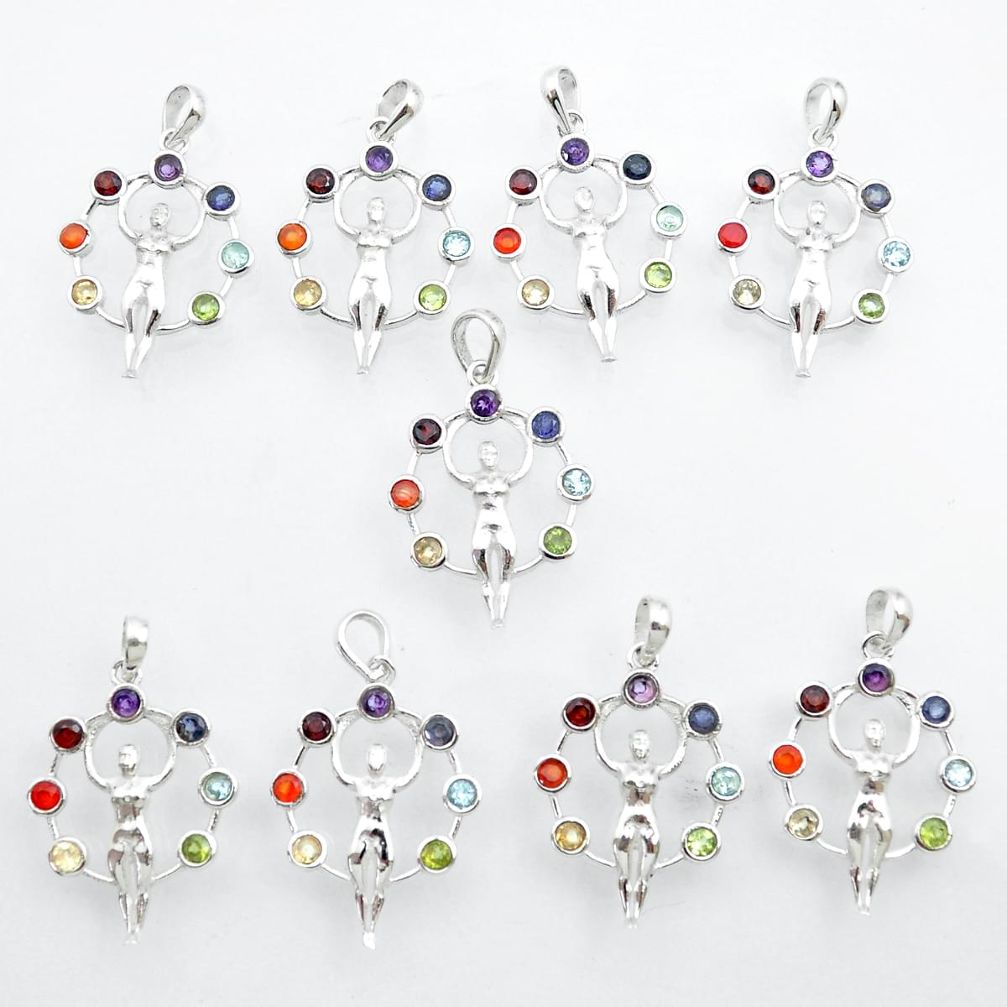 Wholesale lot of 9 natural multicolor multi gemstone 925 silver chakra pendants W505