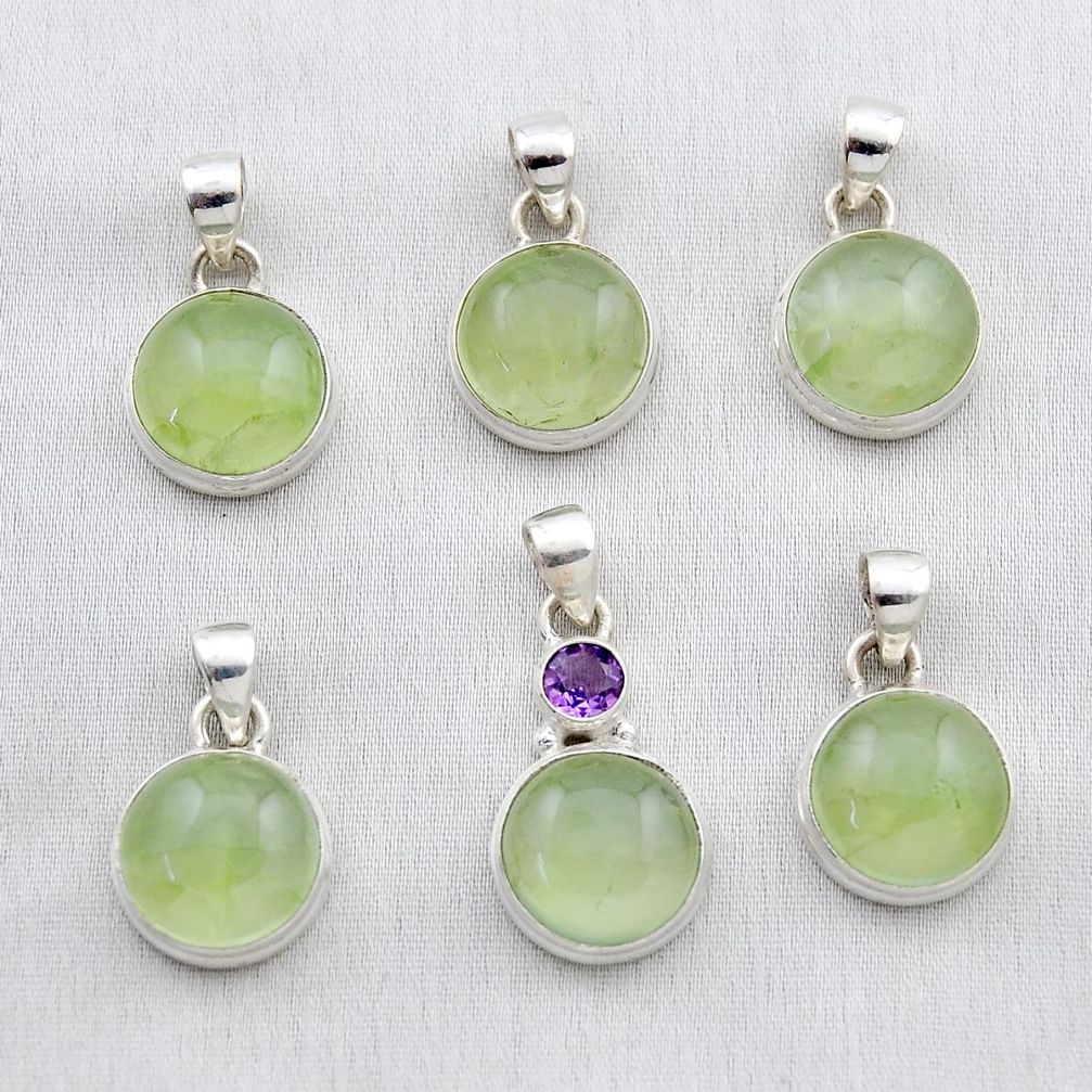 18.69gms wholesale lot of 6 natural green prehnite amethyst 925 silver pendant w5085