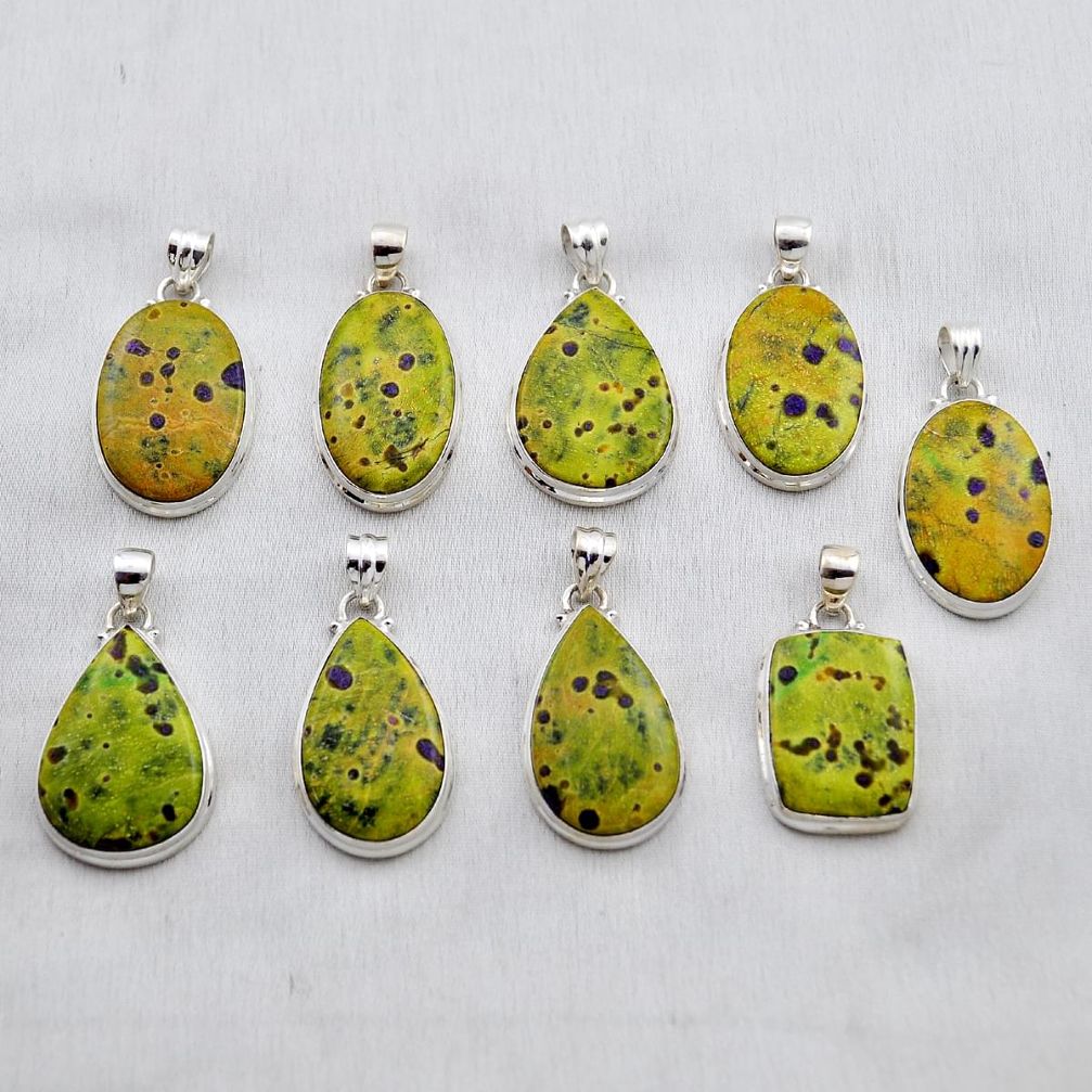 63.02gms wholesale lot of 9 natural green atlantisite (tasmanite) stichtite-serpentine 925 silver pendant w5102