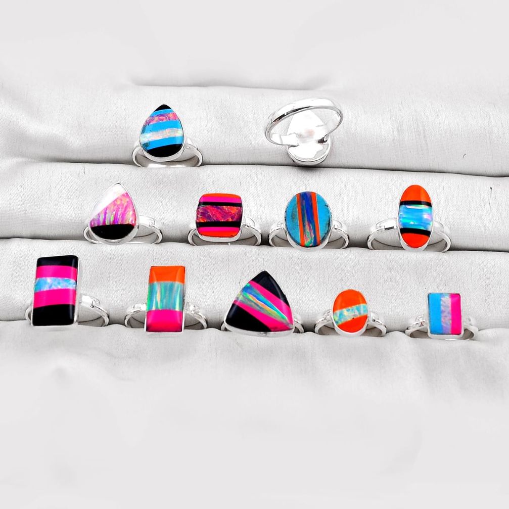 43.26gms wholesale lot of 11 back closed natural pink black blue strip opal 925 silver ring size 4.5 - 9.5 w5131