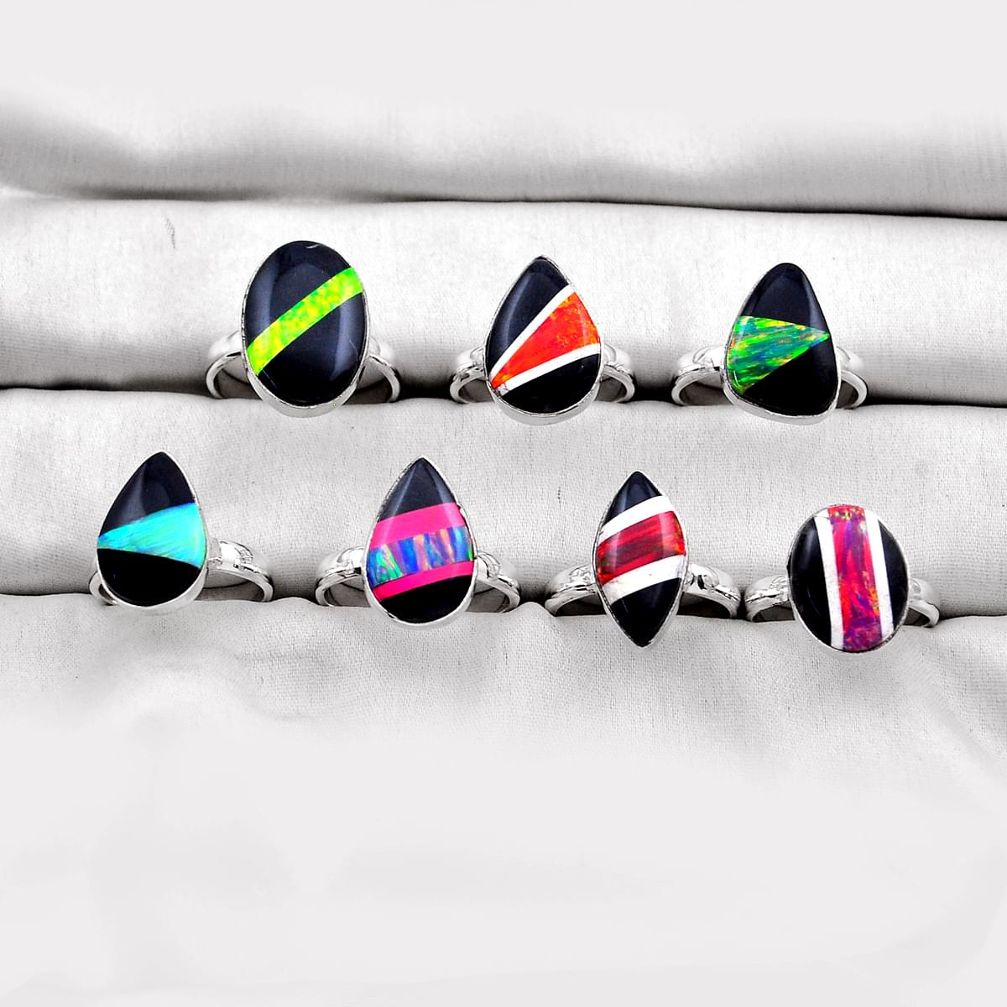 29.26gms wholesale lot of 7 back closed natural pink black blue green strip opal 925 silver ring size 6.5 - 9.5 w5132