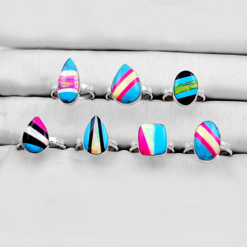 28.03gms wholesale lot of 7 back closed natural blue pink black white strip opal 925 sterling silver pendant w5134