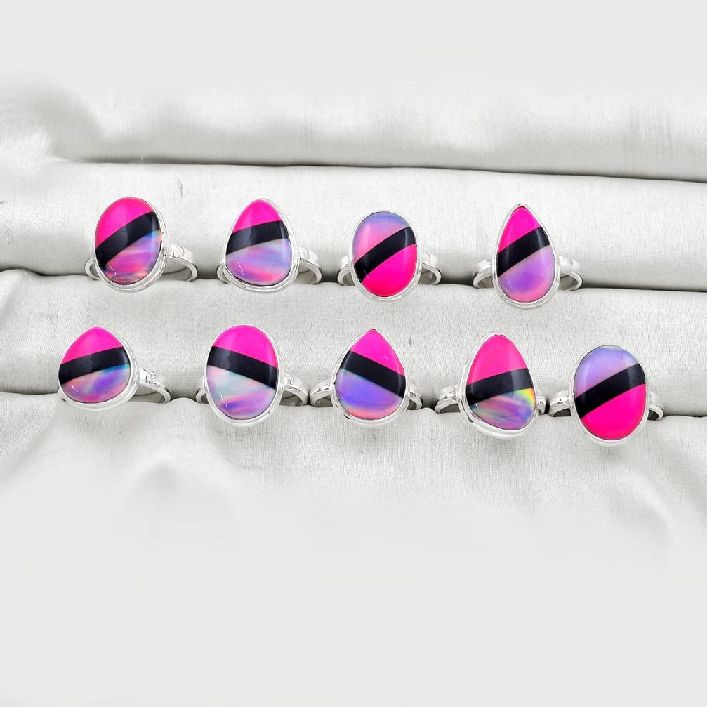 35.48gms wholesale lot of 9 back closed natural pink black blue strip opal 925 silver ring size 7 - 8.5 w5138