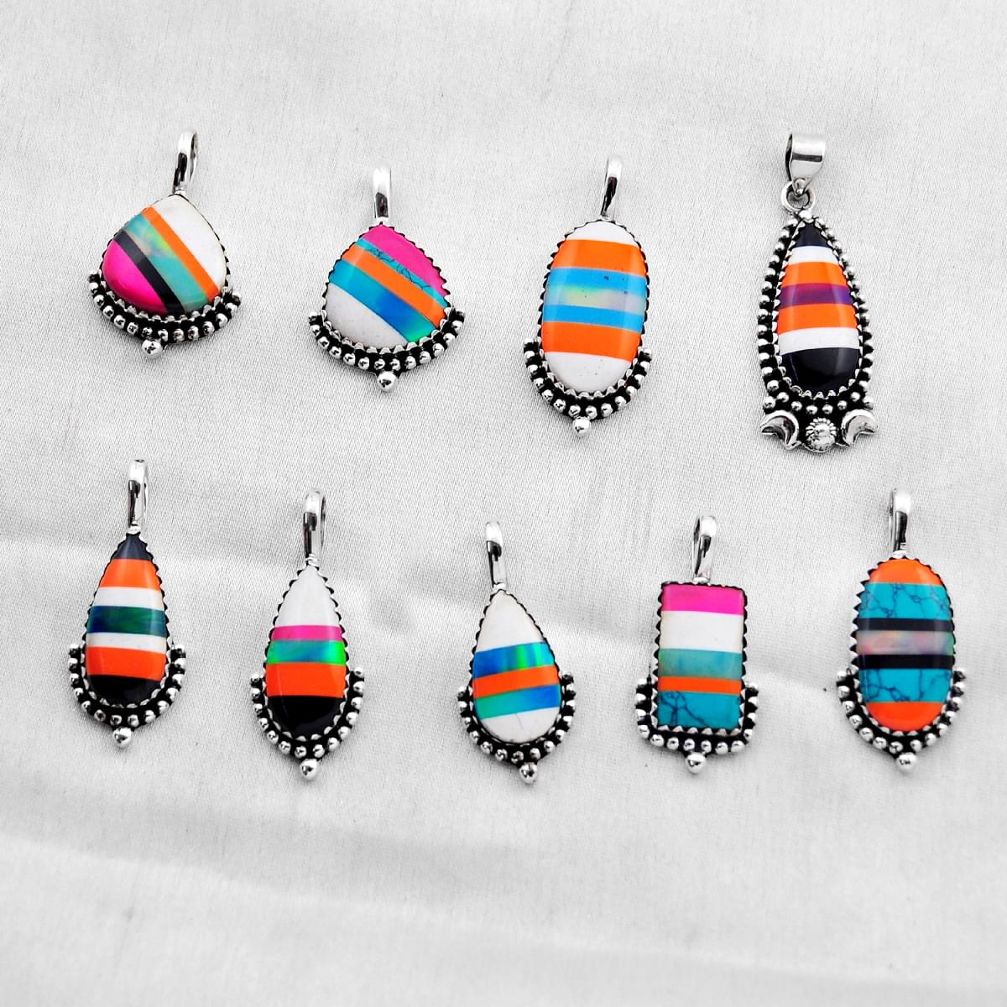 33.02gms wholesale lot of 9 back closed natural blue black white pink opal 925 sterling silver pendant w5139