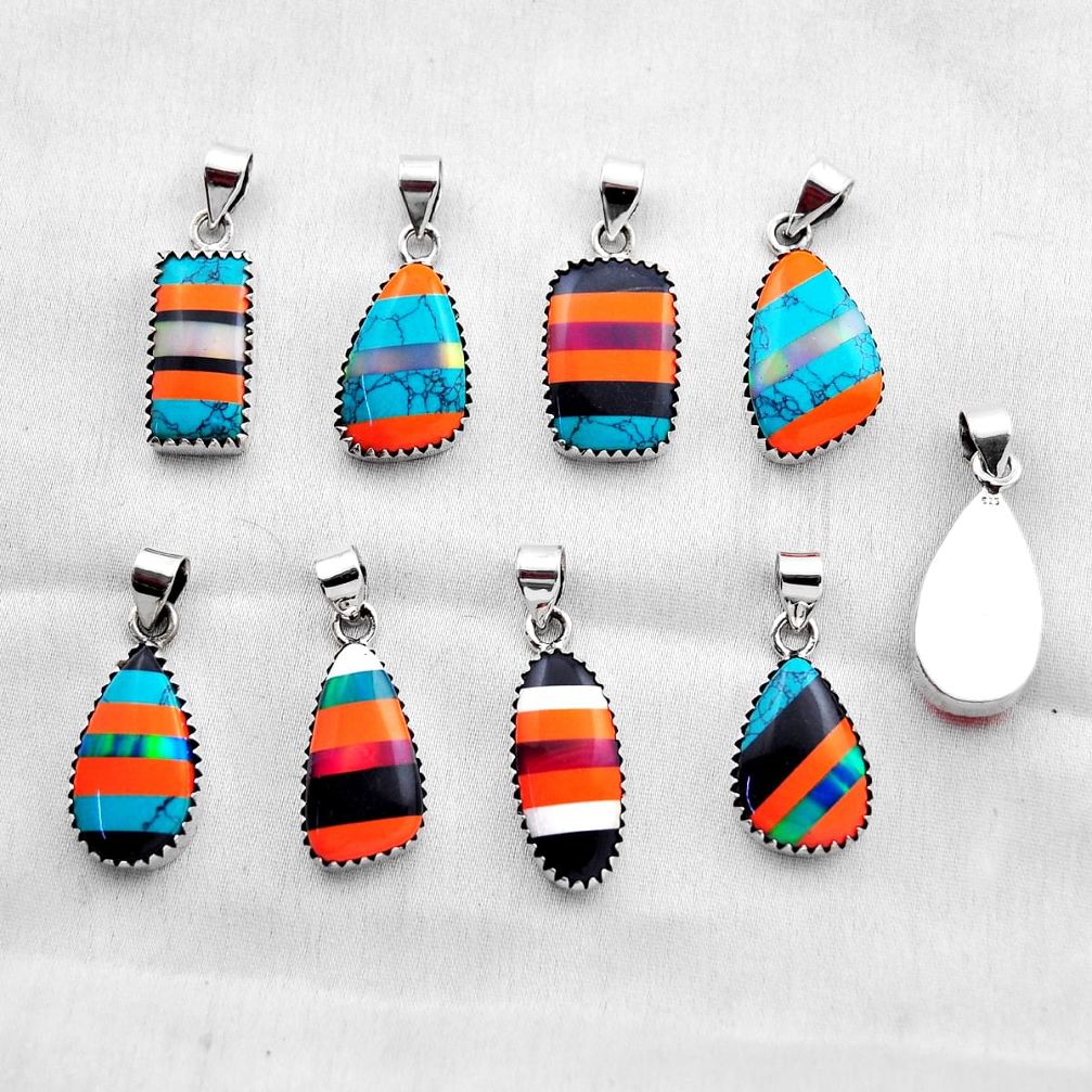 29.48gms wholesale lot of 9 back closed natural pink blue black strip opal 925 sterling silver pendant w5142