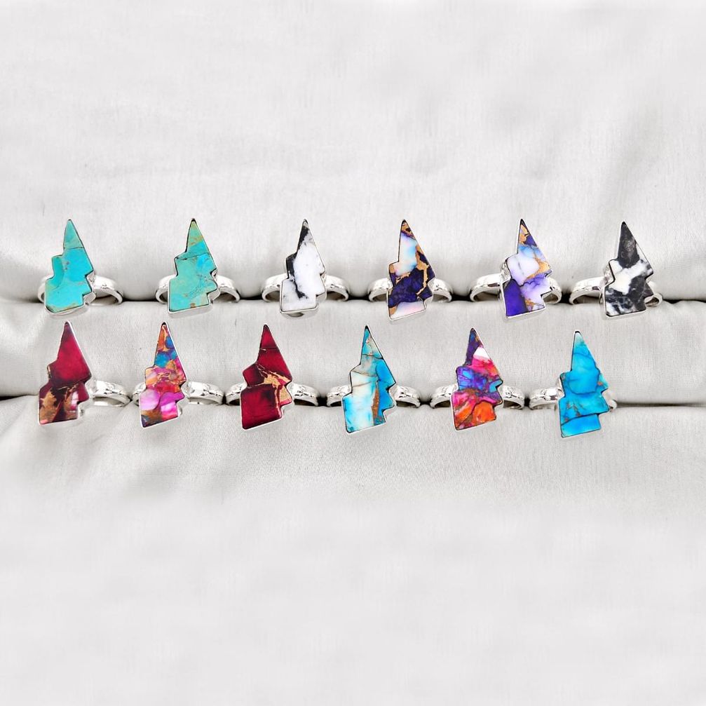 46.03gms wholesale lot of 12 natural multi color thunderbolt multi gemstone 925 silver ring size 6.5 - 8.5 w5167