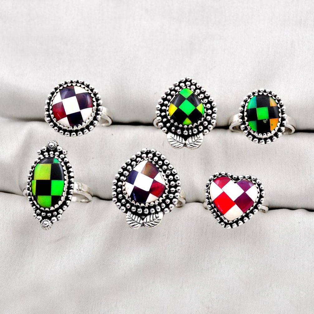 33.63gms wholesale lot of 6 natural white black red green strip opal 925 silver ring size 7 - 9 w5170
