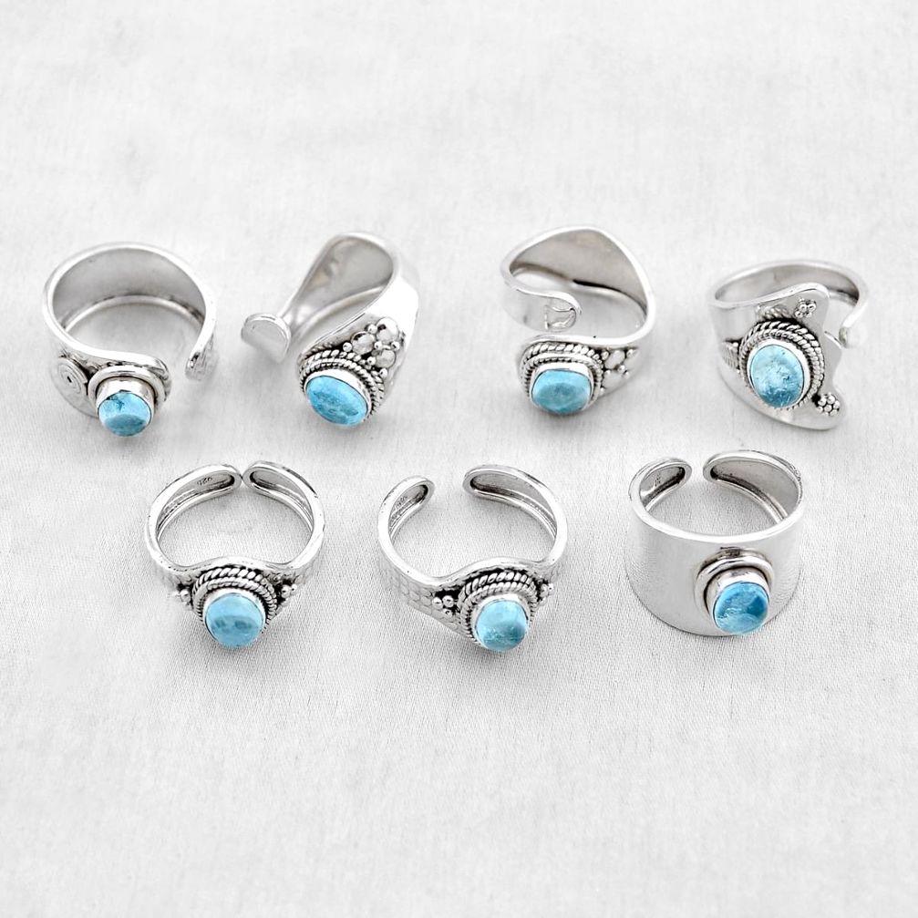 30.65gms wholesale lot of 7 natural blue aquamarine 925 silver adjustable ring size 6.5 - 8 w5179