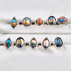 90.65gms wholesale lot of 10 spiny oyster arizona turquoise 925 silver adjustable ring size 7 - 8 w5389