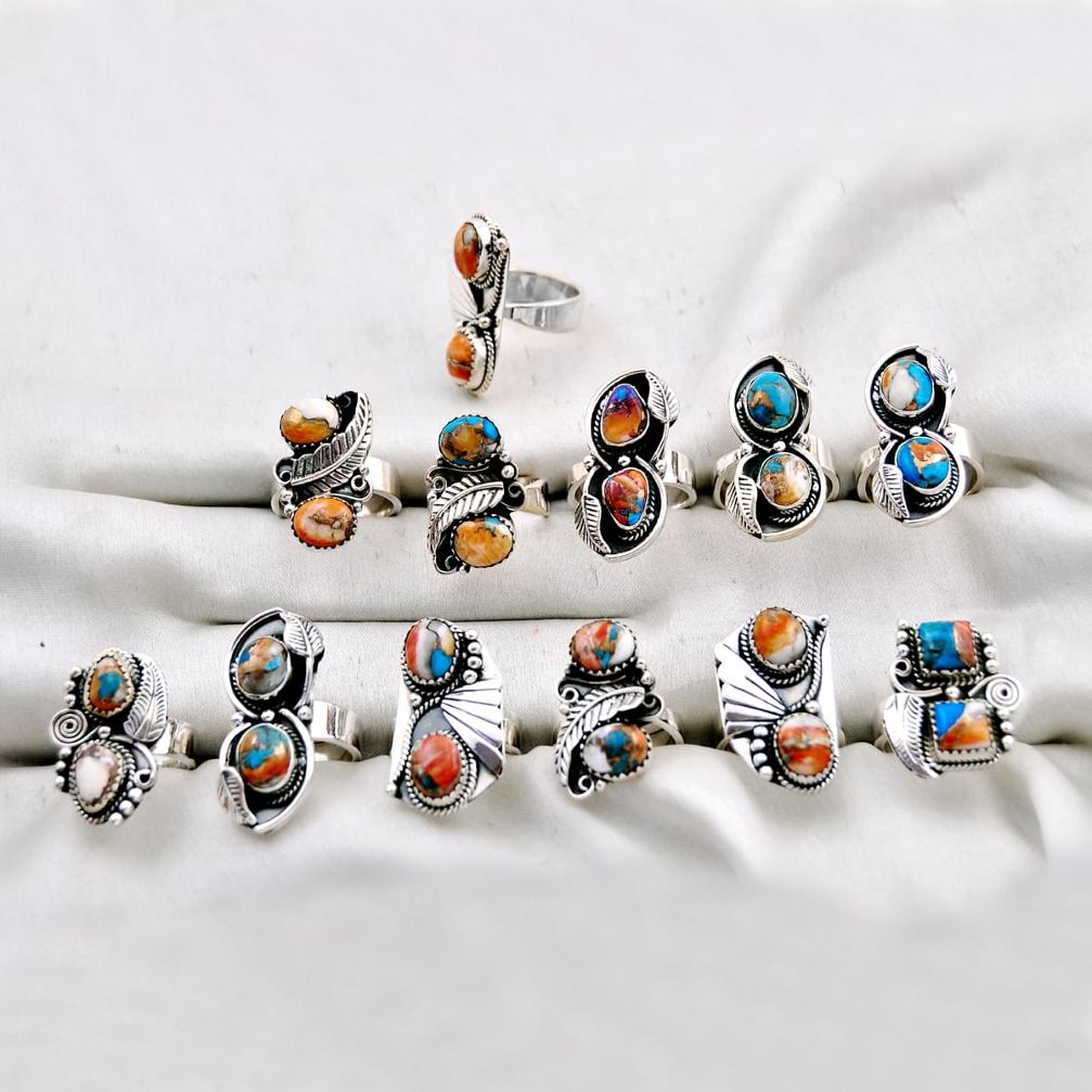 127.45gms wholesale lot of 12 spiny oyster arizona turquoise 925 silver adjustable ring size 6 - 9 w5392
