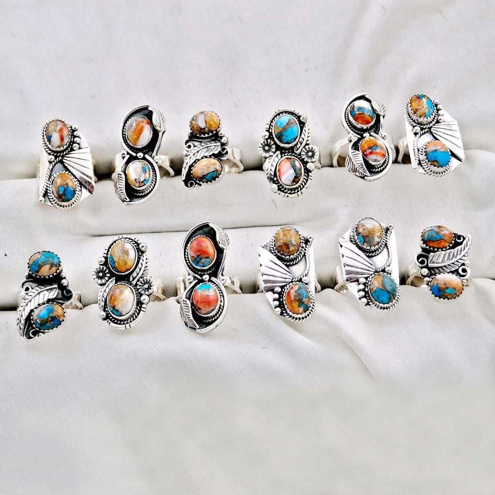 128.65gms wholesale lot of 12 spiny oyster arizona turquoise 925 silver adjustable ring size 6 - 8 w5393