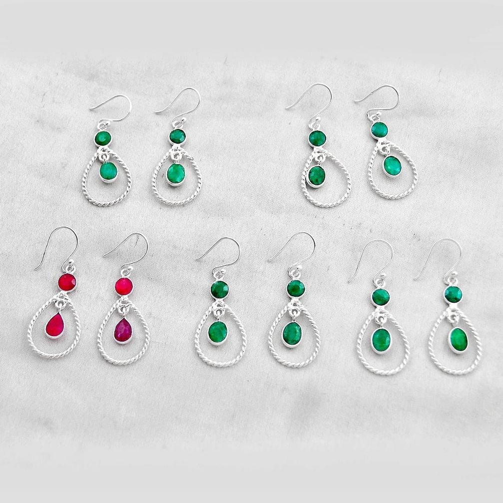 15.23gms wholesale lot of 5 natural green emerald ruby 925 sterling silver earrings w5533