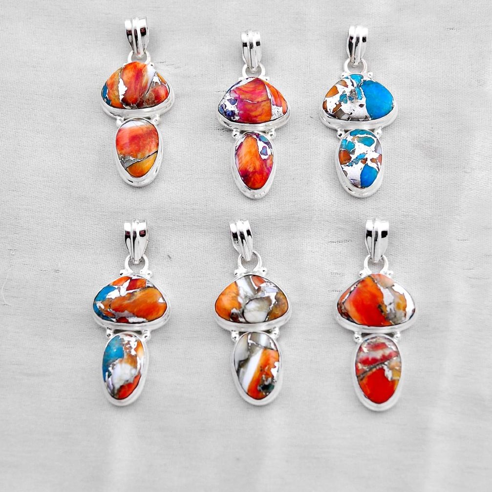 32.89gms wholesale lot of 6 spiny oyster arizona turquoise 925 sterling silver pendant w5562