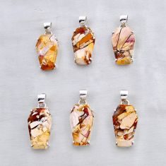 25.48gms wholesale lot of 6 natural yellow brecciated mookaite (australian jasper) 925 silver coffin pendant w5605