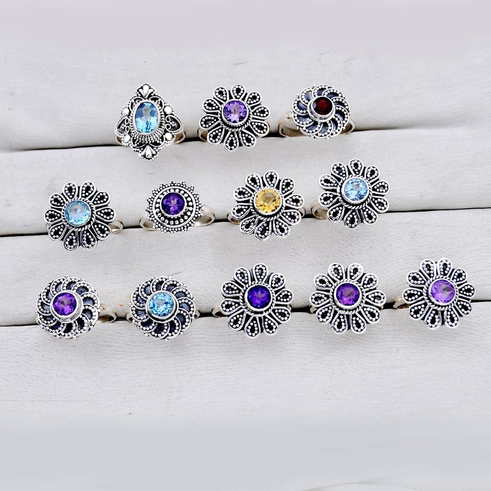 40.16gms wholesale lot of 12 natural multi color multi gemstone 925 silver ring size 6.5 - 8 w5626