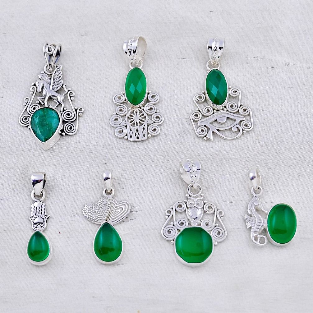 26.65gms wholesale lot of 7 natural green emerald chalcedony 925 silver pendant w5643