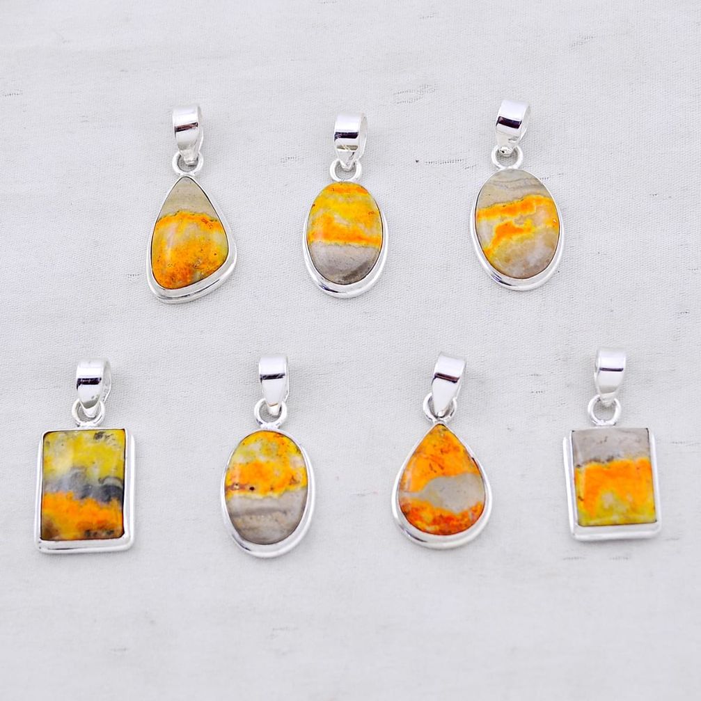30.27gms wholesale lot of 7 natural yellow bumble bee australian jasper 925 silver pendant w5666