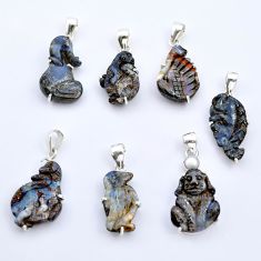Wholesale lot of 7 natural blue boulder opal carving 925 silver pendants W586