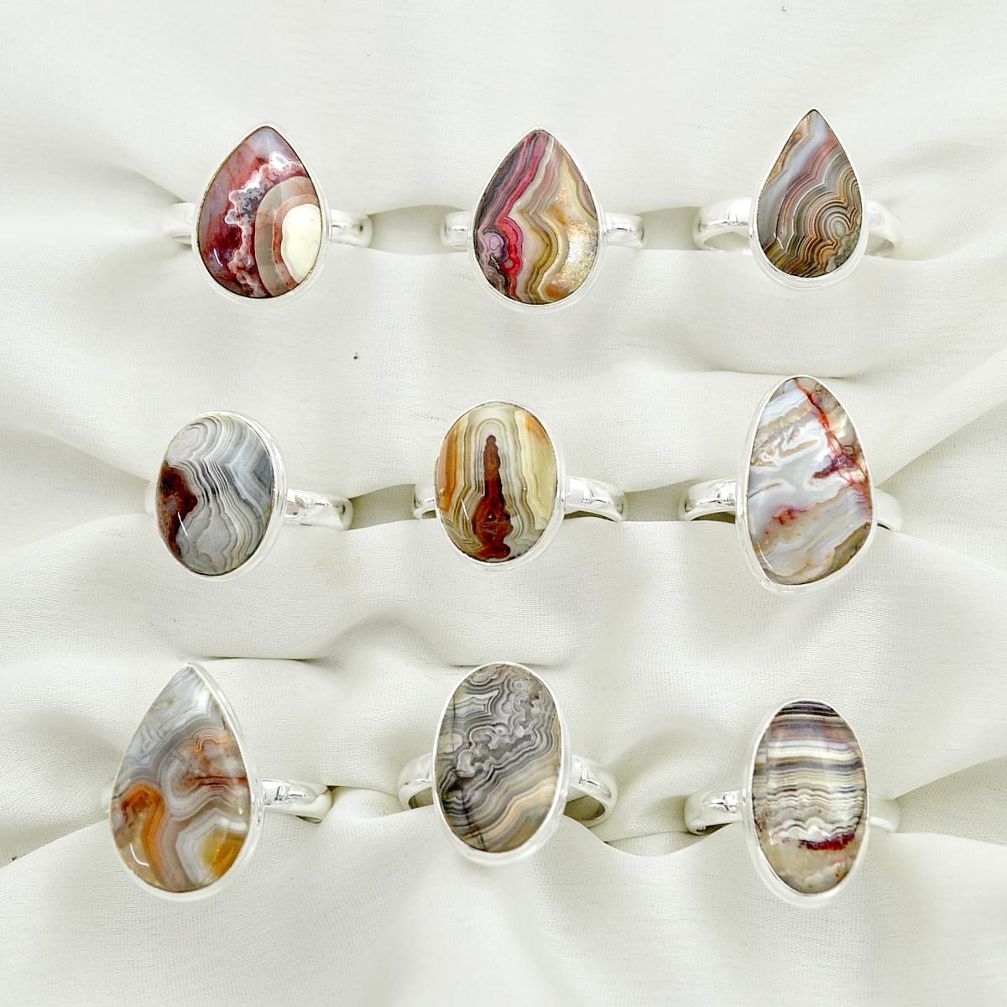 Wholesale lot of 9 natural laguna lace agate 925 silver ring (size 9-11) W595