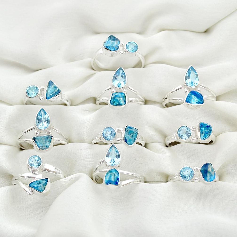 Wholesale lot of 10 natural blue topaz 925 silver ring (size 6-9)