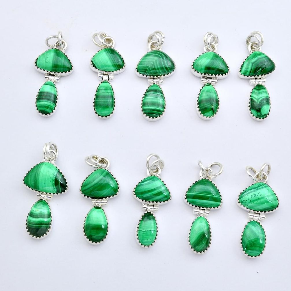 Wholesale lot of 10 natural green malachite 925 silver pendants