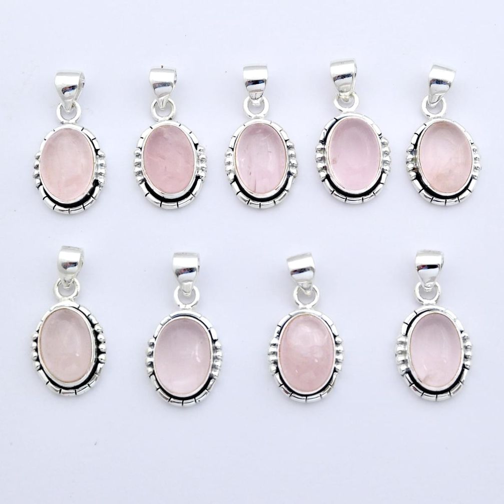 wholesale lot of 9 natural pink rose quartz 925 silver native pendants W666