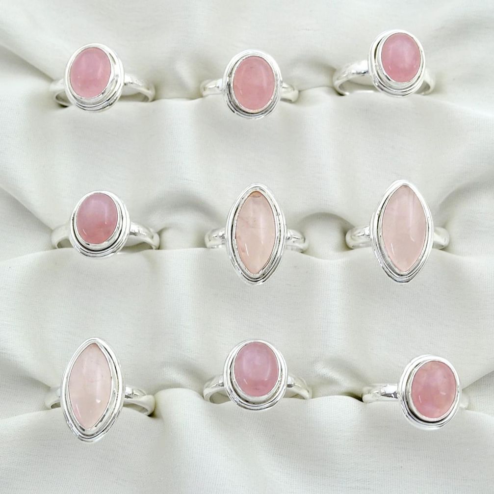 Wholesale lot of 9 natural pink rose quartz 925 silver ring (size 7-8.5) W670