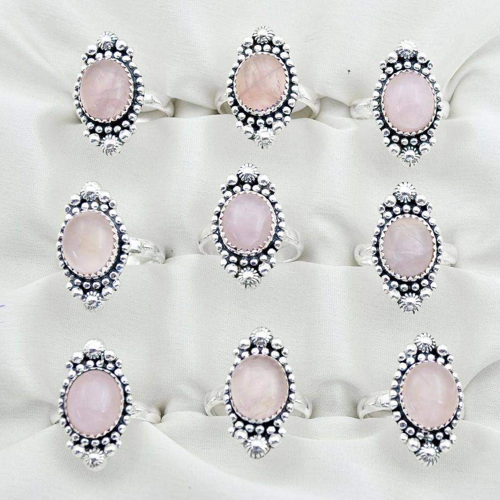 Wholesale lot of 9 natural pink rose quartz 925 silver boho ring (size 7-8) W673