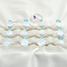 Wholesale lot of 13 natural rainbow moonstone 925 silver ring (size 6-9)