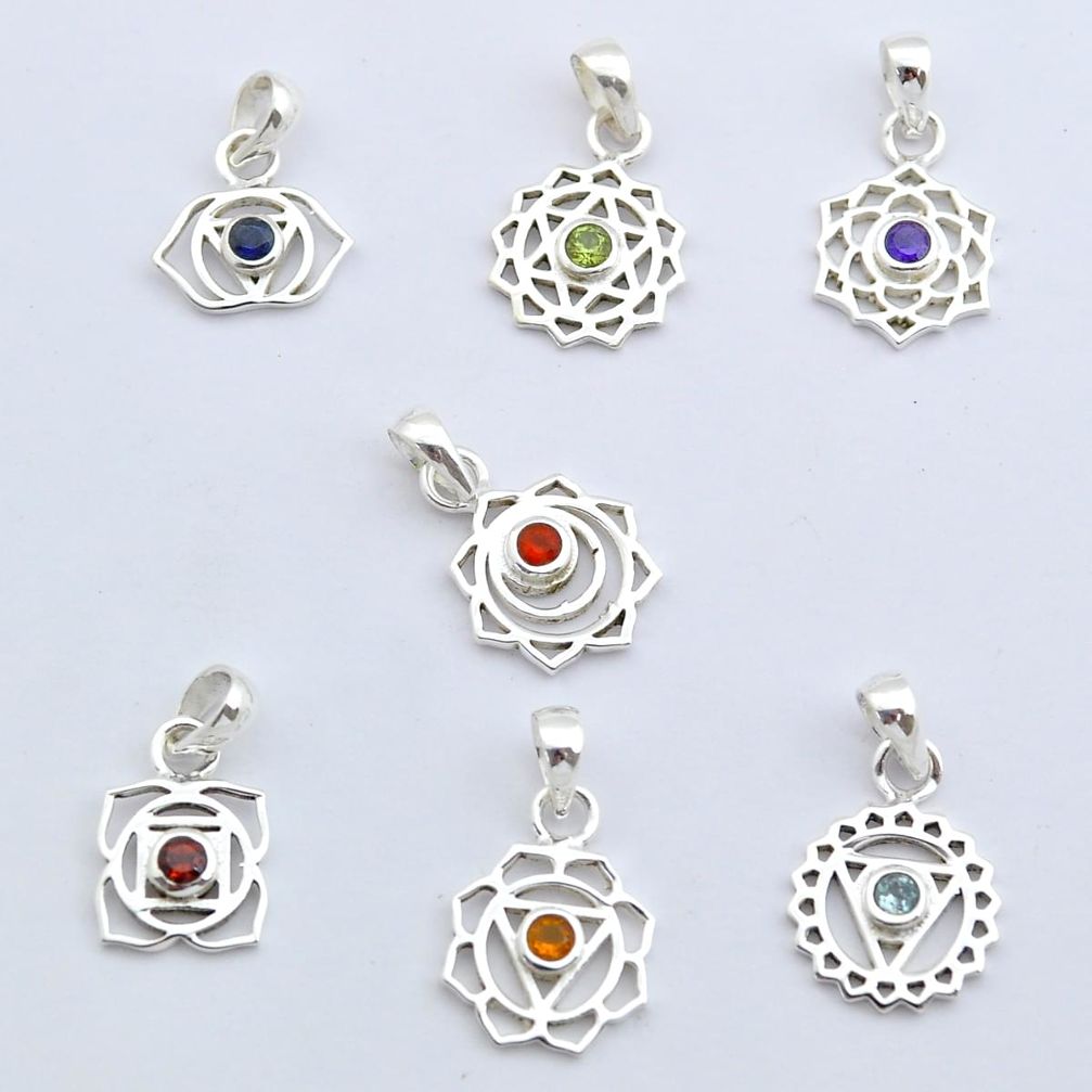 Wholesale lot of 7 natural multicolor multi gemstone 925 silver chakra pendant W711