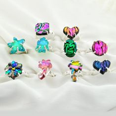 Wholesale lot of 10 multicolor dichroic glass 925 silver ring (size 5.5-10)