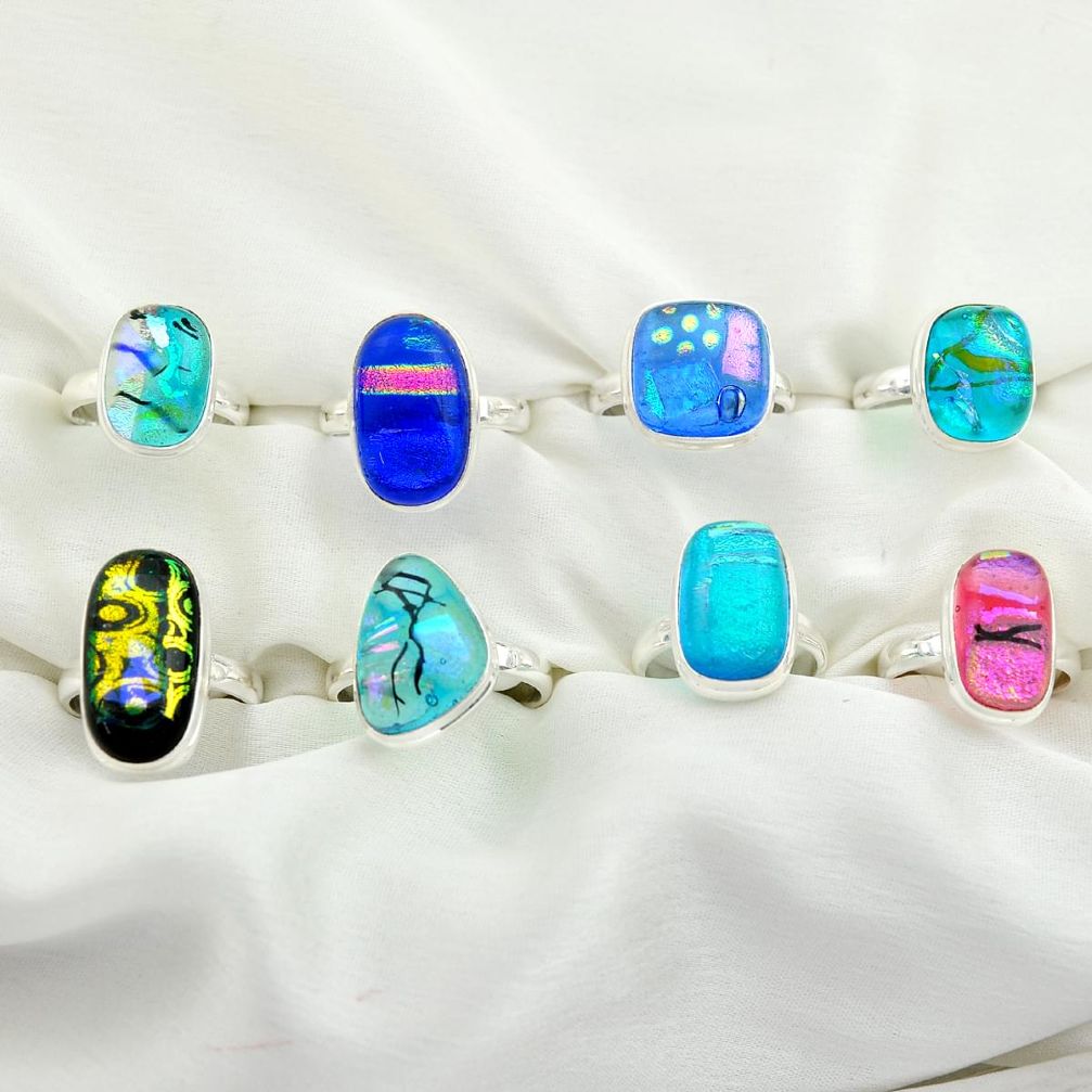 Wholesale lot of 8 multicolor dichroic glass 925 silver ring (size 6-10) W717