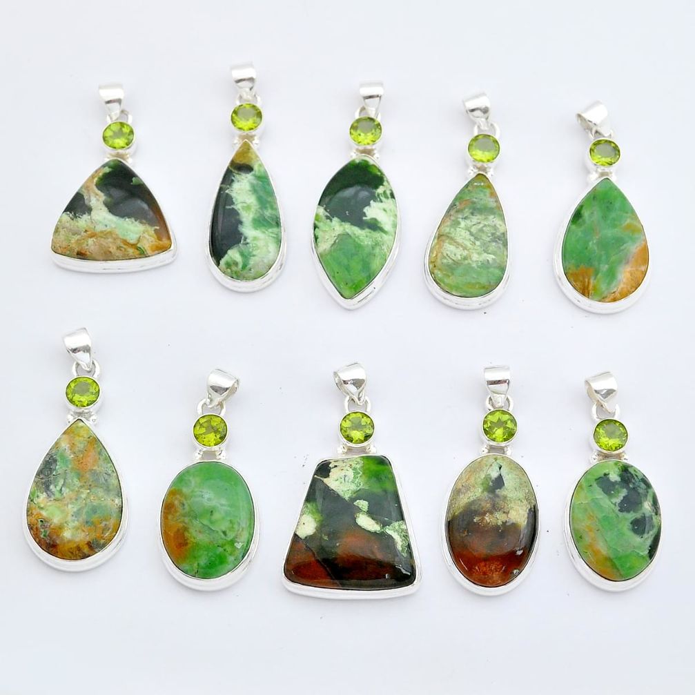 Wholesale lot of 10 natural greenchrome chalcedony & peridot 925 silver pendant W723