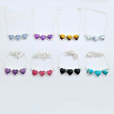 Wholesale lot of 8 natural multicolor multi gemstone 925 silver heart necklace