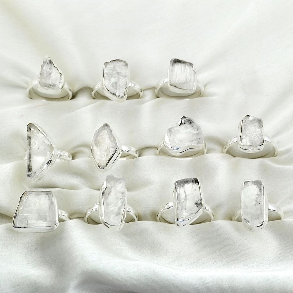 Wholesale lot of 11 natural white petalite rough 925 silver ring (size 7.5-10) W777