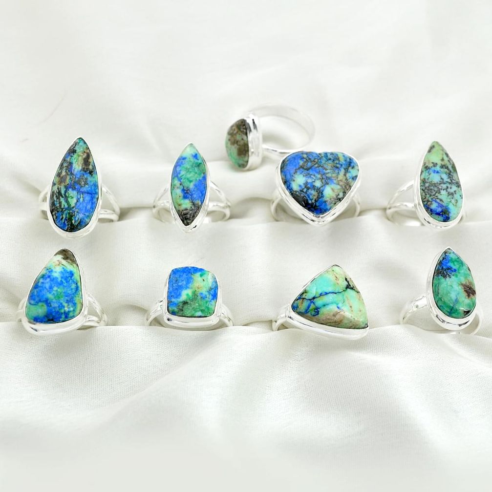 Wholesale lot of 9 natural blue azurite  turquoise 925 silver ring (size 5-8) W802