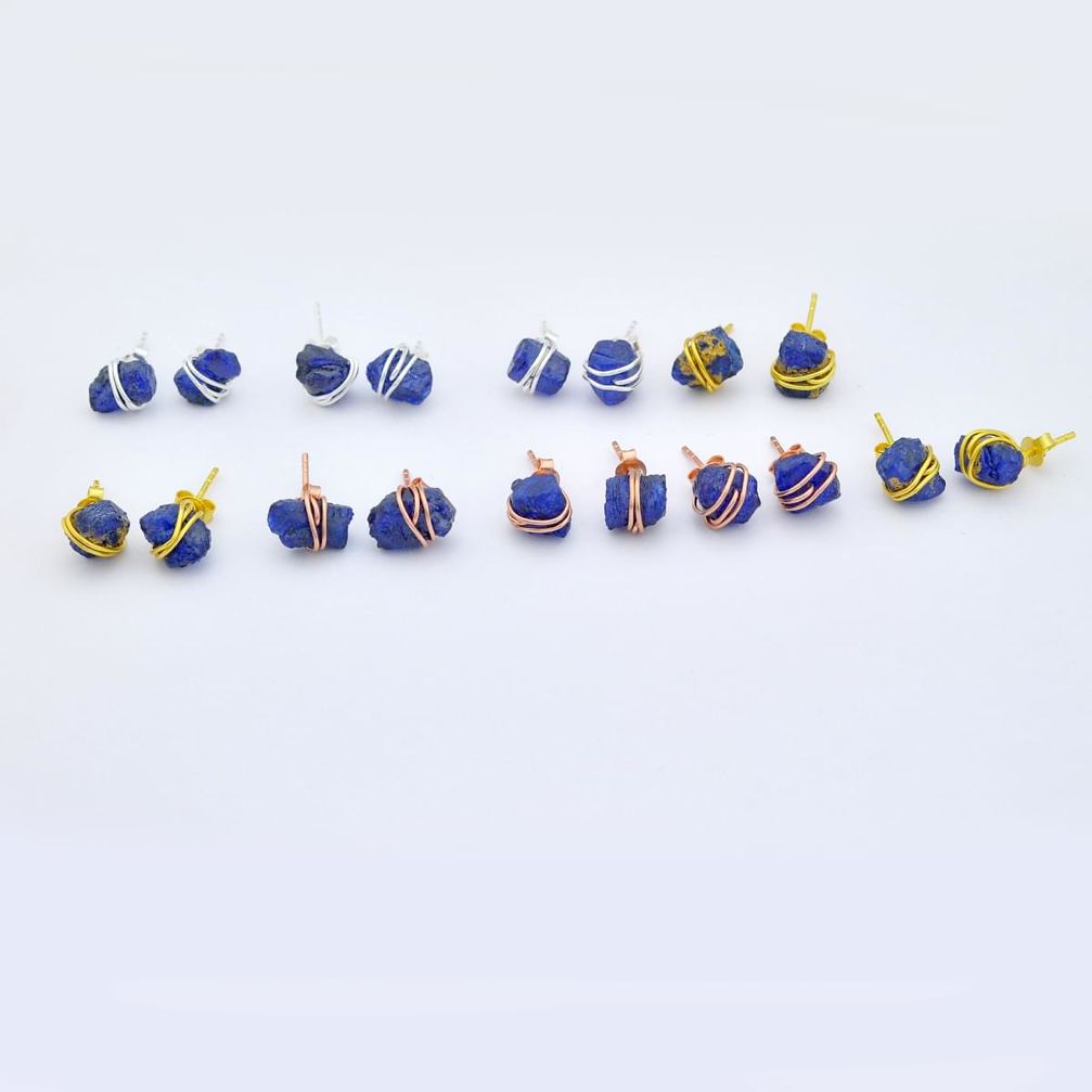 Wholesale lot of 9 natural raw sapphire wire wrapped 925 silver stud earrings W912