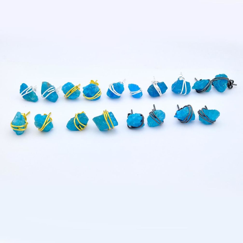 Wholesale lot of 9 natural raw apatite wire wrapped 925 silver stud earrings W918