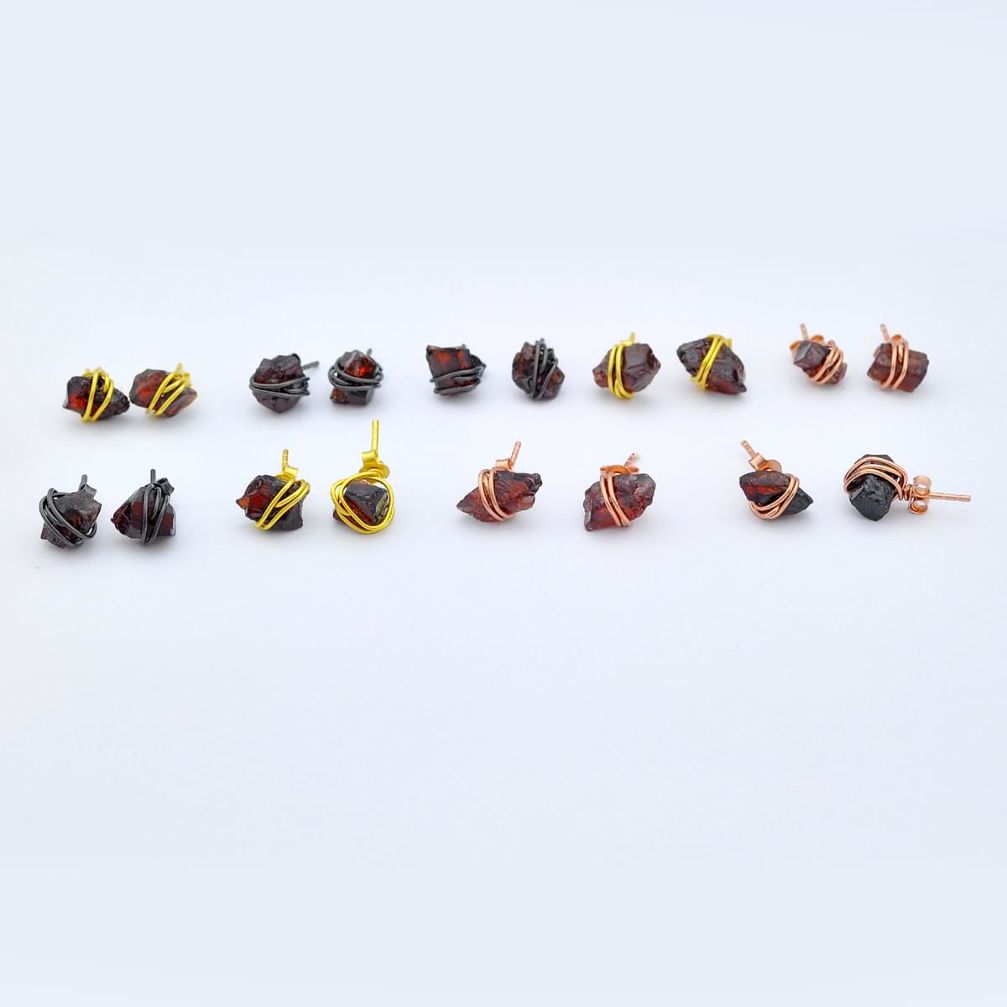 Wholesale lot of 9 natural raw garnet wire wrapped 925 silver stud earrings W920